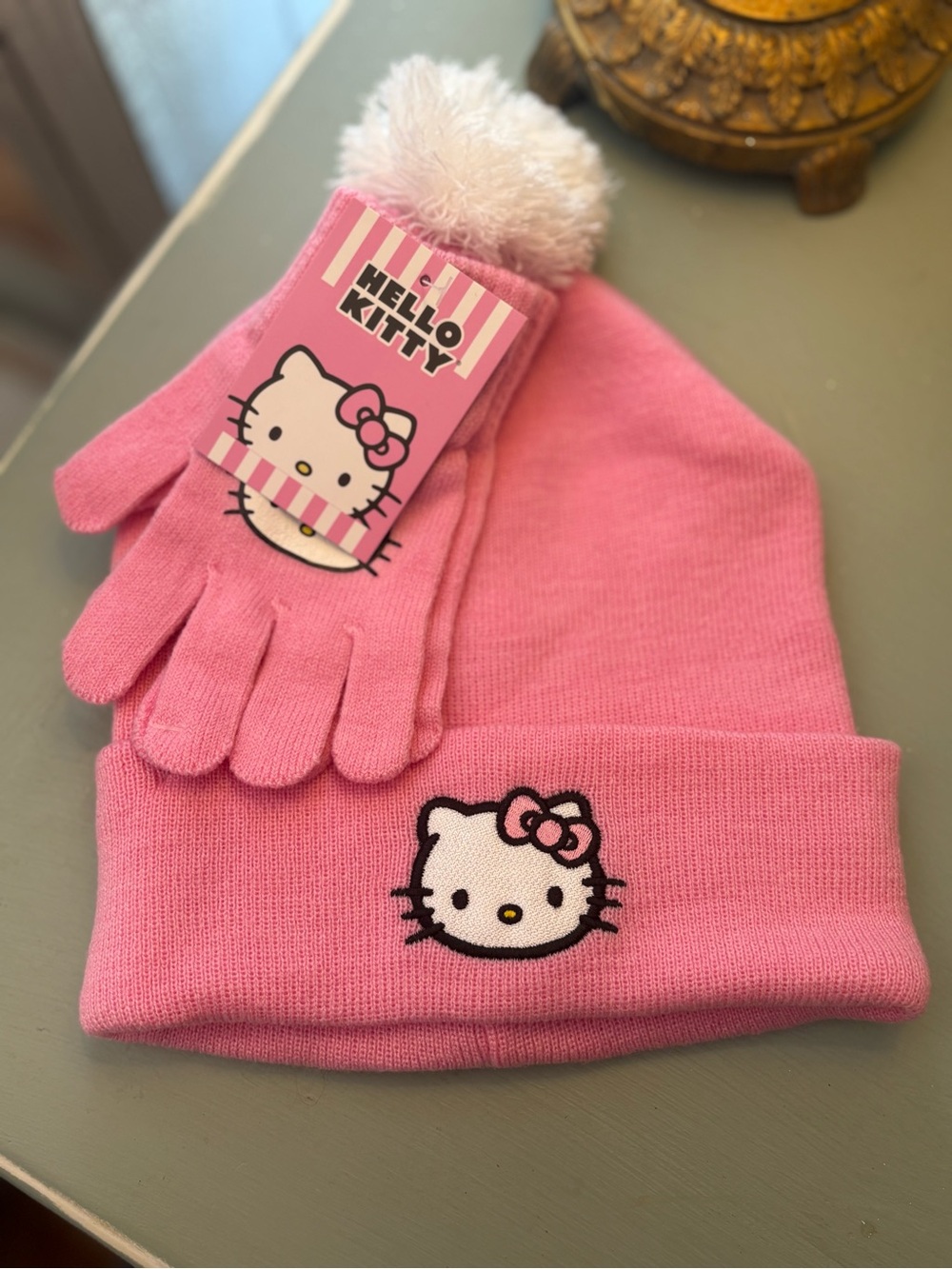 Sanrio Hello Kitty Pink Pom Beanie with Matching Gloves